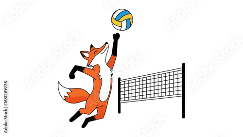Volleyball Fox: A playful fox leaps and spikes a volleyball during a lively game, celebrating the joy of the sport. A vibrant and cheerful illustration
