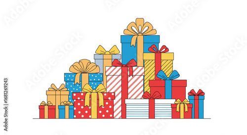 A large stack of colorful festive holiday presents with bows perfect for any celebration or special occasion