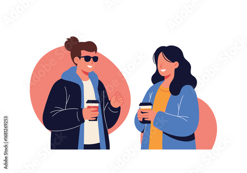 Two friends enjoying coffee together on a sunny day outdoors smiling and talking