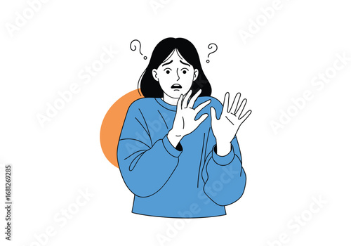 Woman with expression of confusion and apprehension raising her hands in a gesture of defense