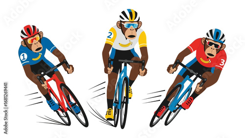 Monkey Cyclists in the Race: Three monkeys in vibrant cycling outfits compete in a dynamic bike race, captured in an illustrative style that evokes the thrill of the sport.