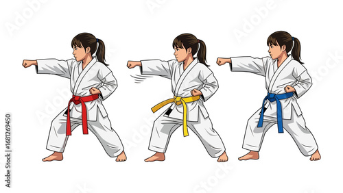 Karate Kid in Action: Young karate girl showcase dynamic prowess, in a clean illustration, the determined focus on the face, and the martial arts training.