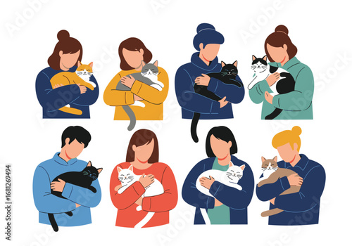 Illustrations of people holding beloved cats showing companionship and affection