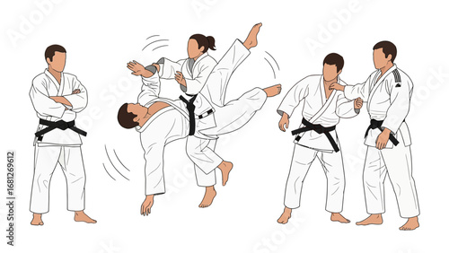 Dynamic Judo Techniques Illustrated: A sequence of illustrations showcasing diverse judo throws and maneuvers, portraying the art's fluidity and control.