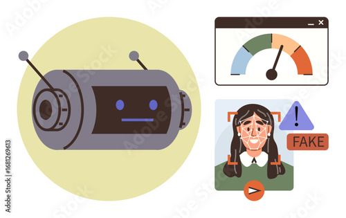 Robot scans face with recognition software, highlights fake ID and indicates alert through a status meter. Ideal for AI, fraud detection, cybersecurity, deepfake awareness, technology ethics