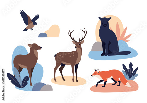 Diverse woodland creatures in artistic natural habitat scenes capturing wildlife beauty