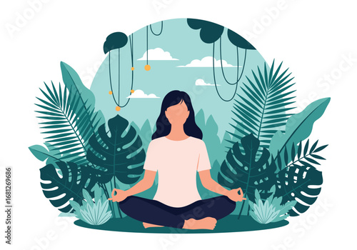 Serene woman engages in deep meditation amidst lush verdant jungle foliage