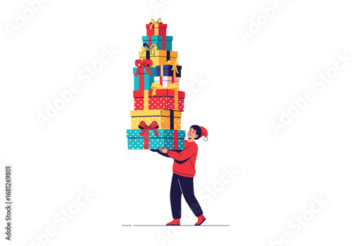 Man holding extremely tall stack of wrapped gifts ready for holiday season celebrations
