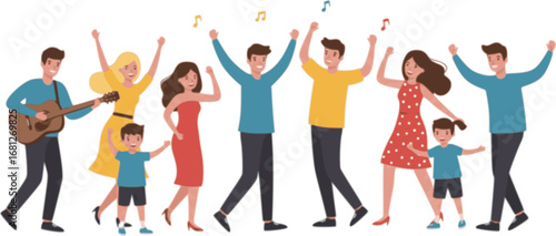 Group of people of different ages is happy to be together dancing and celebrating a special event. Happy family enjoy concert, music festival, party, show, performance, recital. Vector illustration 