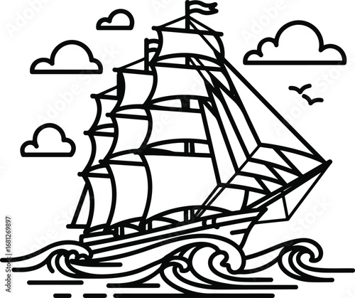 Ship: A simple line art illustration of a majestic sailing ship on a wavy sea with clouds and birds, in a clean, graphic style.