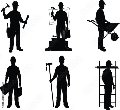 Construction, worker, silhouette, hammer, wrench, toolbox, wheelbarrow, ladder, platform, anchor, tool belt, black, vector, labor, site, job, industry, equipment, engineering, task, icon