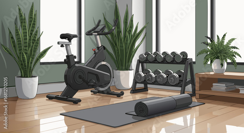 Modern Indoor Home Gym Setup Featuring an Exercise Bike, Dumbbells, and Yoga Mat in a Bright Plant Filled Studio