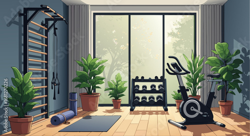 Modern Clean Vector Illustration of a Home Gym Interior with Exercise Bike Dumbbell Rack and Lush Plants