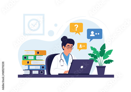 Healthcare professional engaged in digital communication and data management with technology
