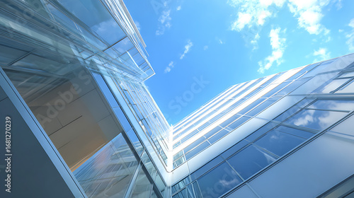 Modern glass building exterior reflecting blue sky with clouds, showcasing sleek architecture and bright daylight