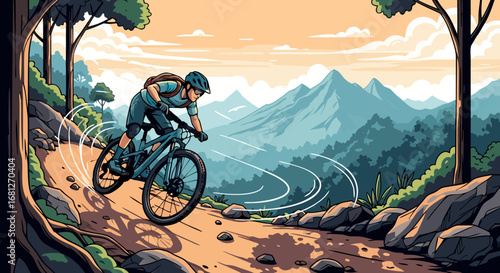 Dynamic Vector Illustration of a Mountain Biker Racing Down a Rocky Forest Trail at Sunset in Bold Comic Style Render