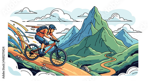 Dynamic Vector Illustration of a Mountain Biker Riding a Winding Trail Through Alpine Mountains