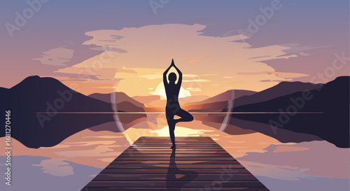 Serene Vector Illustration of a Person Practicing Yoga in Tree Pose on a Wooden Pier at Sunset with Calm Mountains and Water