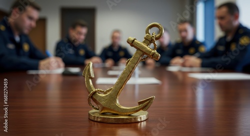 Formal meeting around table with anchor