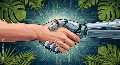 Dynamic Handshake Between Human and Robotic Arm over Circuitry Backdrop with Tropical Leaves Signaling Futuristic Tech Synergy