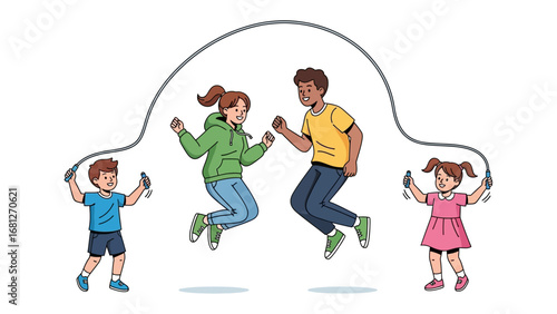 Jumping Fun: Illustration of children playing jump rope, a playful and energetic scene of children engaged in a game of jump rope, fostering a sense of childhood joy and fun.