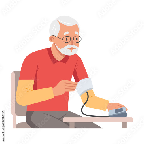 Man sitting in armchair and measuring blood pressure. Senior man with a tonometer. Illustration.