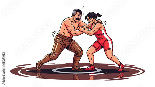 Wrestling Duel: A gripping illustration captures a powerful wrestling match between a male and a female athlete, frozen in a moment of intense competition on a symbolic arena.