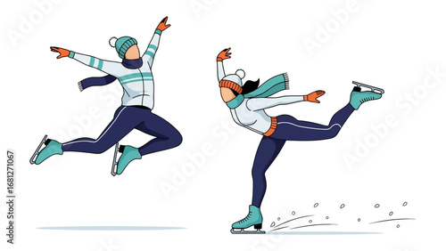 Dynamic Ice Skating Illustration: Captured two graceful figure skaters in a vibrant illustration, gliding across the frozen surface with fluid movement.