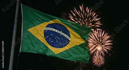 A vibrant display of fireworks illuminating the night sky behind the Brazilian flag, celebrating patriotism