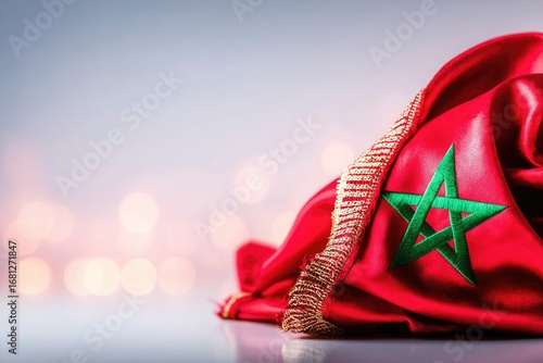 Detailed Close-Up of Moroccan Flag with Star and Rich Red Fabric Background and Bokeh Effect