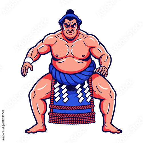 Sumo Wrestler: A powerfully built sumo wrestler with a stern expression assumes a ready stance, embodying strength, discipline, and the rich traditions of this ancient sport.