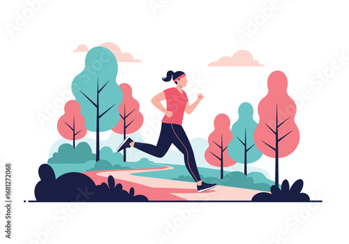 Woman jogging in a park during autumn with colorful trees and winding path enjoying a healthy lifestyle activity