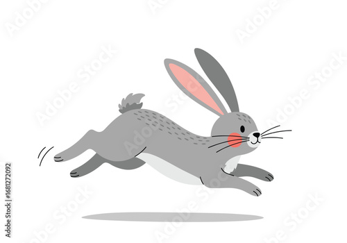 A quick grey rabbit leaping through a white background with subtle motion blur effects