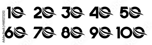 Set of collection numbers 10 to 100 with swoosh element vector illustration. Swoosh element with numbers 10, 20, 30, 40, 50, 60, 70, 80, 90, 100 for greetings, anniversary and more.