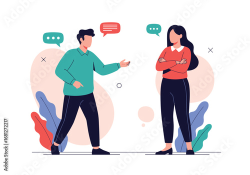 Two people communicating in a friendly discussion with speech bubbles above their heads