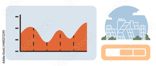 Graph depicting fluctuating statistics beside a modern shopping mall illustration and progress bar. Ideal for retail analysis, growth, business trends, commerce, marketing, strategy, economy, simple