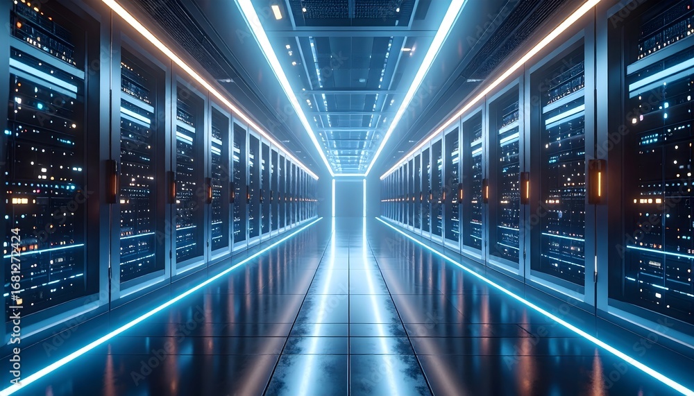 Fototapeta premium futuristic server room or data center, a glowing corridor lined with network racks and blinking lights, representing high-tech computing and artificial intelligence.