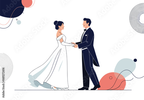Elegant wedding couple dancing together celebrating their special day in formal attire