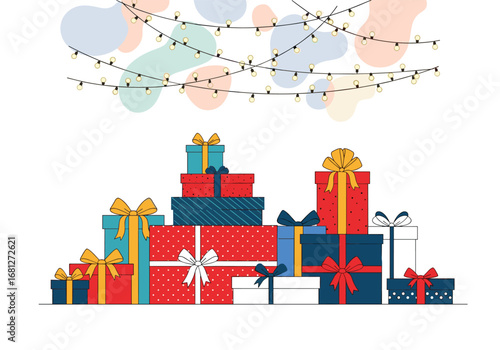Festive holiday gifts wrapped in colorful paper and tied with ribbons under twinkling lights