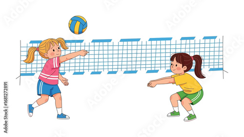 Volleyball Game: Two cheerful girls in a vibrant illustrated scene, immersed in a friendly volleyball match, displaying dynamic action, and the spirit of sport