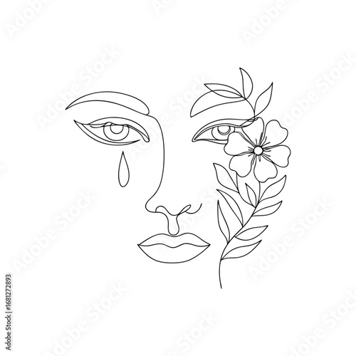 Sorrowful face with blooming flower abstract black and white