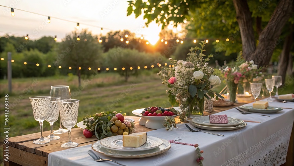 Fototapeta premium Outdoor Dinner Party Table Setting at Sunset image