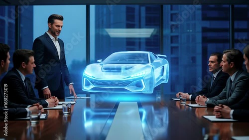 Business meeting showcasing a holographic car presentation in a modern conference room setting