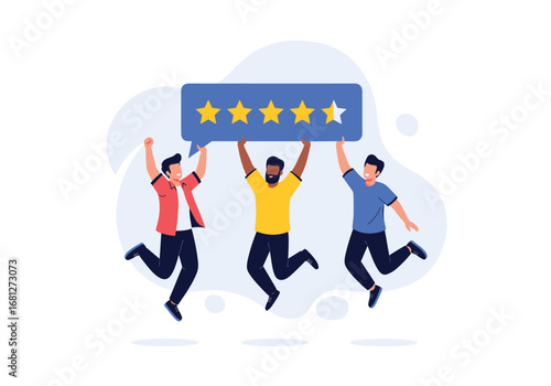 Customers excitedly celebrating excellent product feedback and high ratings with joyful enthusiasm