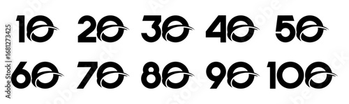Set of collection numbers 10 to 100 with swoosh element vector illustration. Swoosh element with numbers 10, 20, 30, 40, 50, 60, 70, 80, 90, 100 for greetings, anniversary and more.