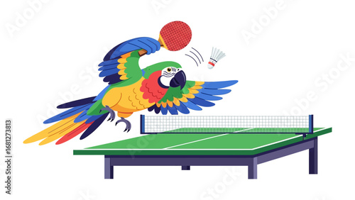 Parrot's Ping Pong Playtime: A vibrant illustration of a playful parrot engrossed in a lively game of ping pong, striking the ball with precision and joy.