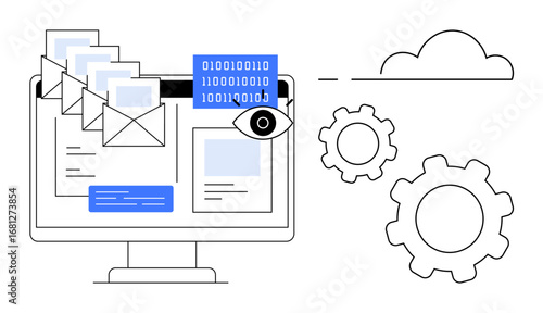 Computer screen with emails, binary data, eye icon, cloud, and gears. Ideal for technology, data management, cybersecurity, cloud computing automation communication and simple landing page