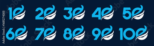 Set of collection numbers 10 to 100 with swoosh element vector illustration. Swoosh element with numbers 10, 20, 30, 40, 50, 60, 70, 80, 90, 100 for greetings, anniversary and more.