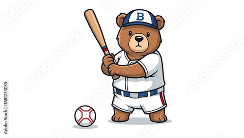 Animated baseball bear: A determined cartoon bear, dressed in a baseball uniform and holding a bat, stands ready for a swing, with a baseball. conveying the spirit of sportsmanship and competition.