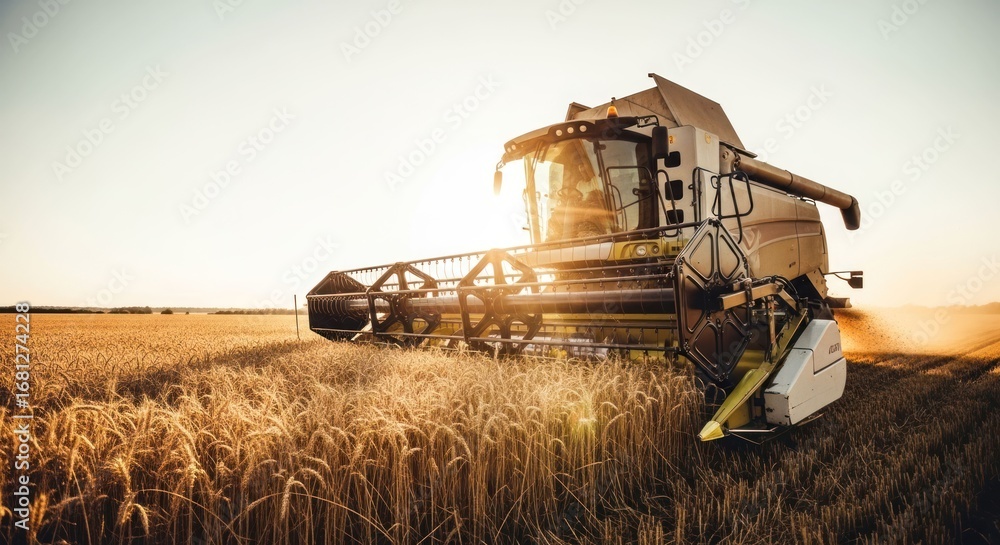 Fototapeta premium Harvester in golden wheat field at sunset